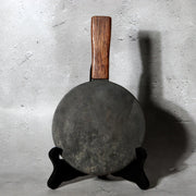 Antique Edo Period Bronze Hand Mirror Fujiwara Yoshikatsu Wooden Handle BOSa493