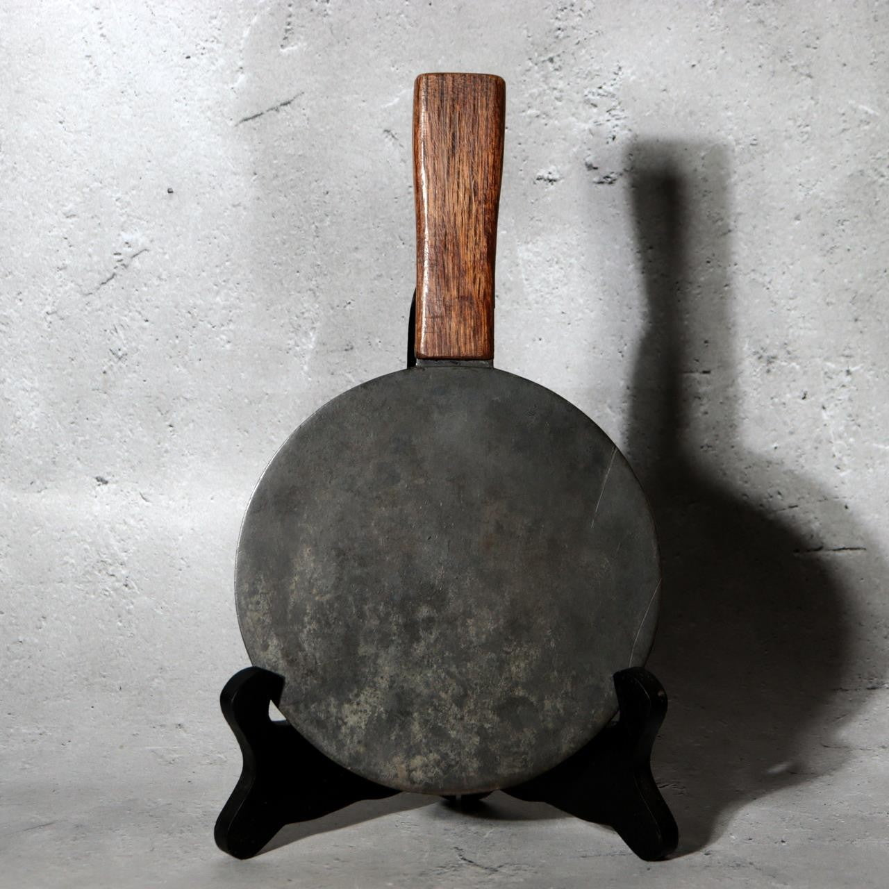 Antique Edo Period Bronze Hand Mirror Fujiwara Yoshikatsu Wooden Handle BOSa493