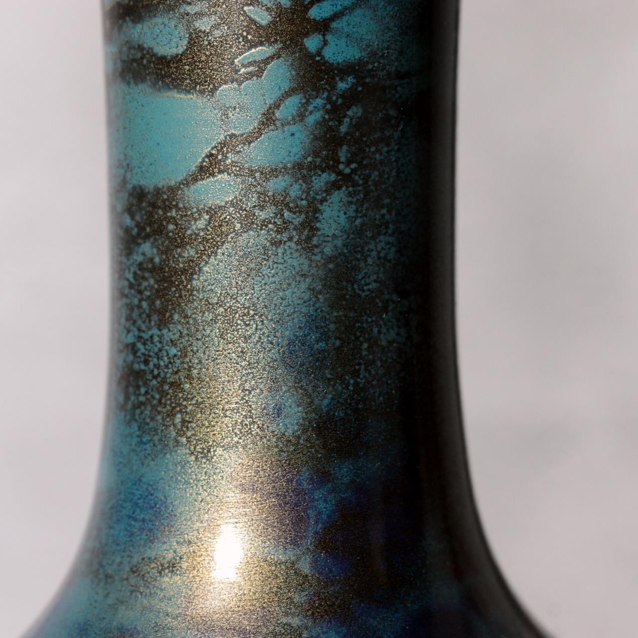Vintage Showa Takaoka Copperware Bronze Vase Masaharu Blue Gold Mottled BV77211