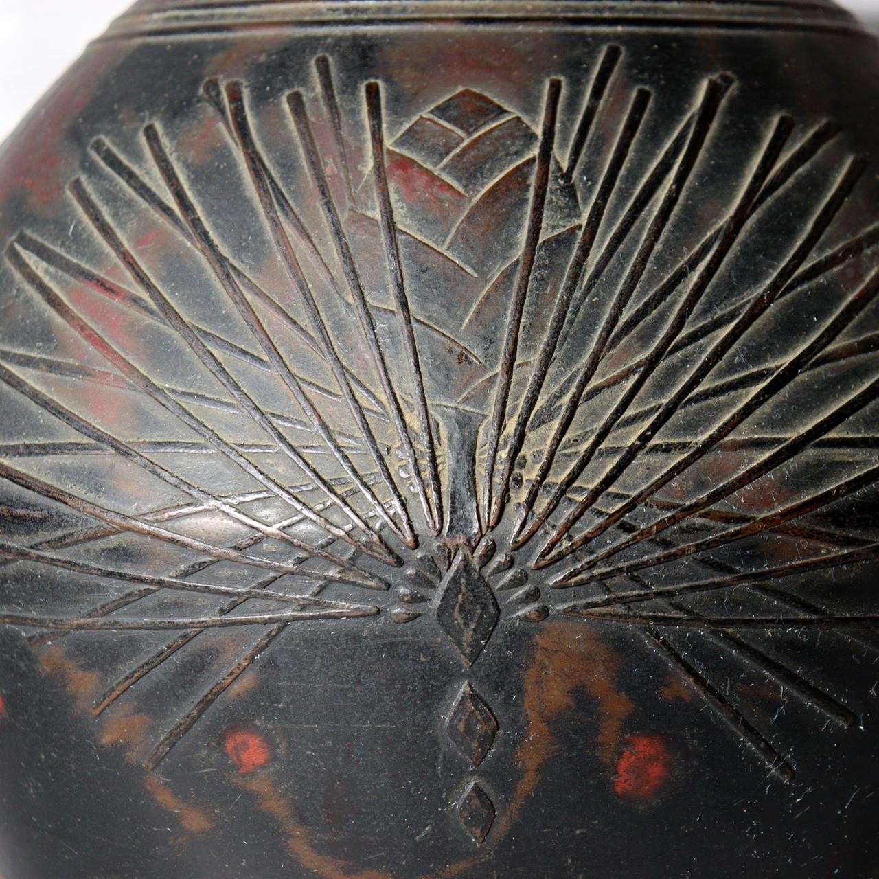 Vintage Japanese Mottled Purple Bronze Vase Signed Beisai Pine Cone Motif9