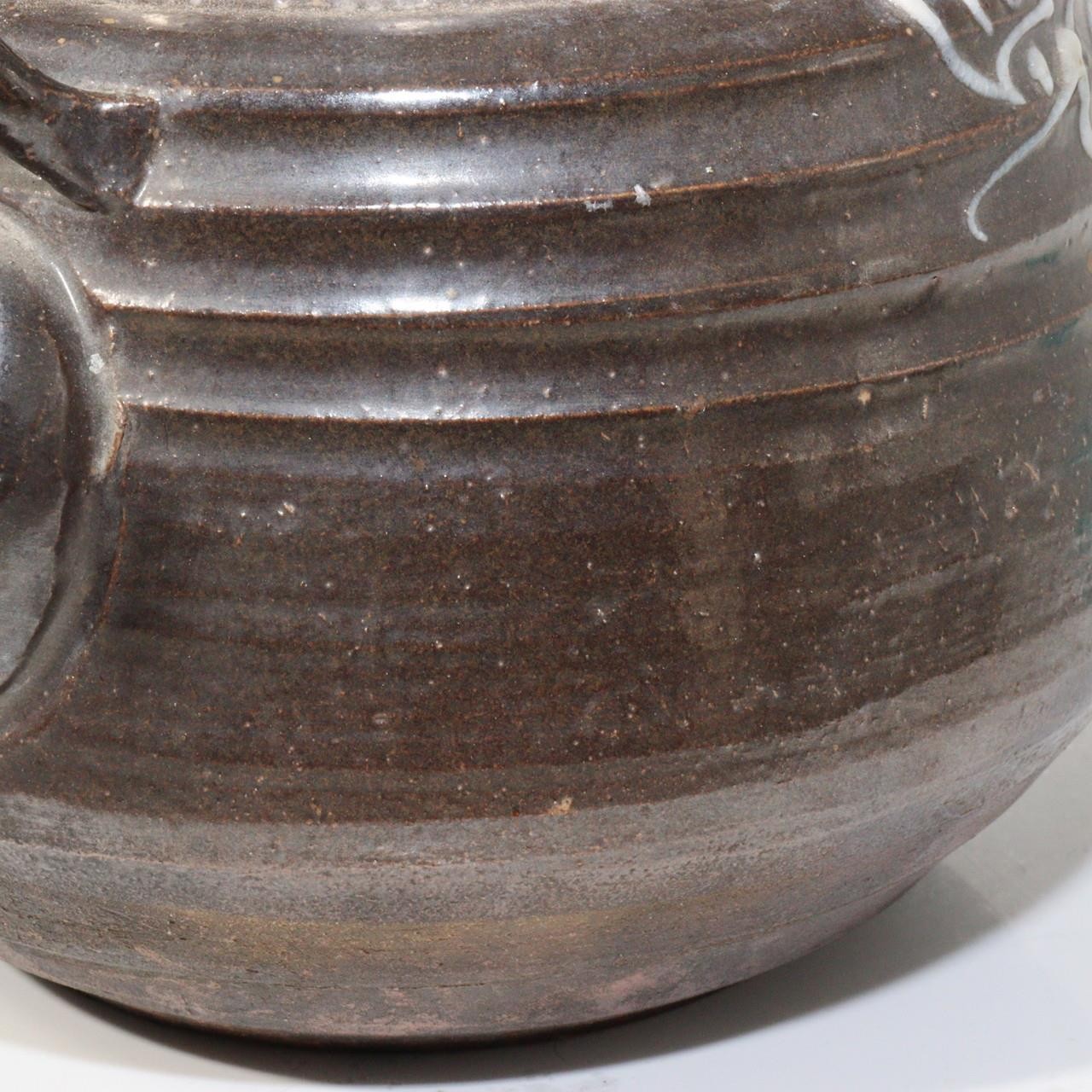 Japanese Mashiko Ware Ceramic Teapot Dark Brown Glaze Slip Motif PCP14614