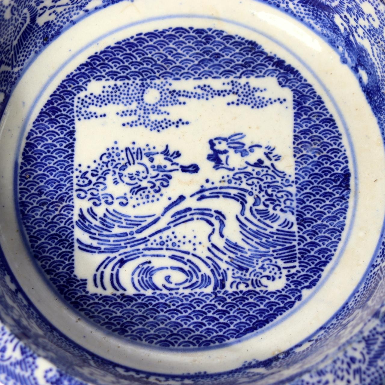 Antique Japanese Imari Transferware Set Rabbit Wave Bowl & Two Rooster Dishes3