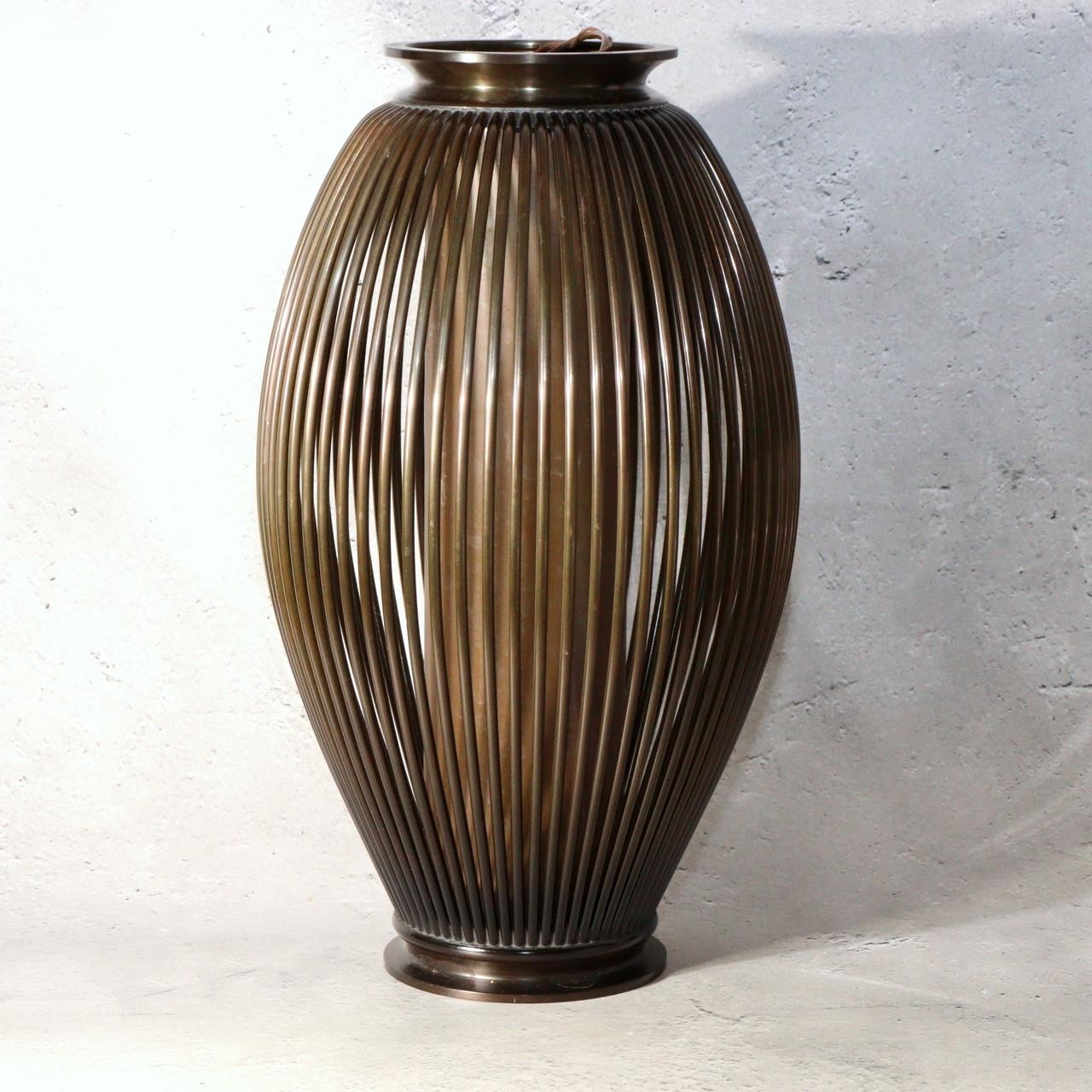 Japanese Vintage Hoyu Cast Bronze Flower Vase Basket Style Ikebana Box 27.5cm0