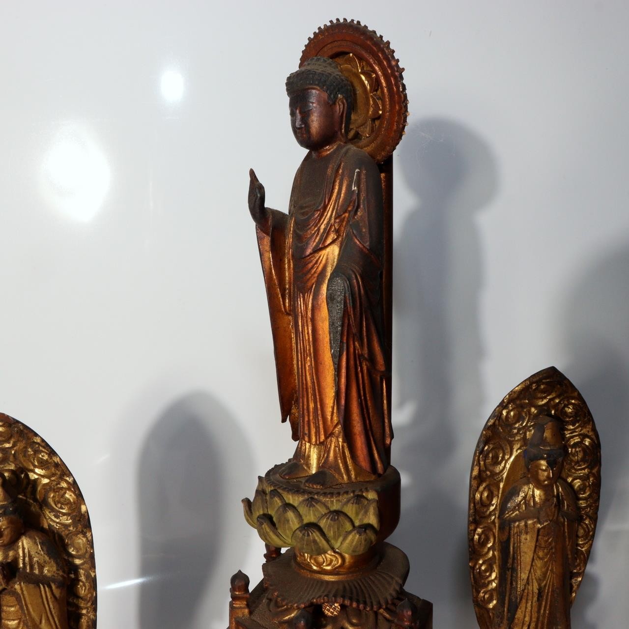 Japanese Vintage Amida Sanzon Buddhist Statue Set 3pc Gilt Wood 28.6cm Zen BT24413