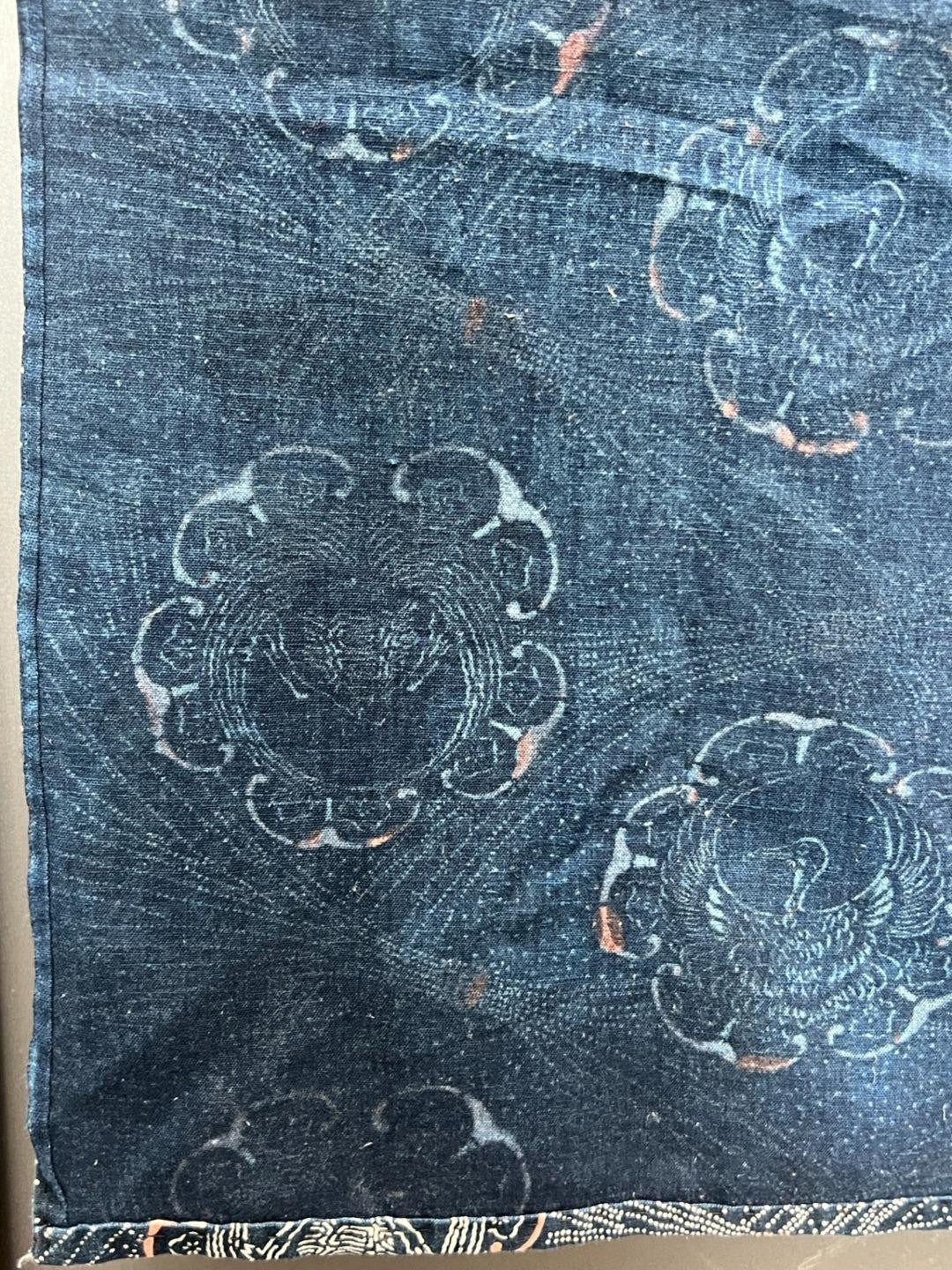 Antique Japanese Indigo Katazome Cotton Fabric Crane Turtle Chrysanthemum14