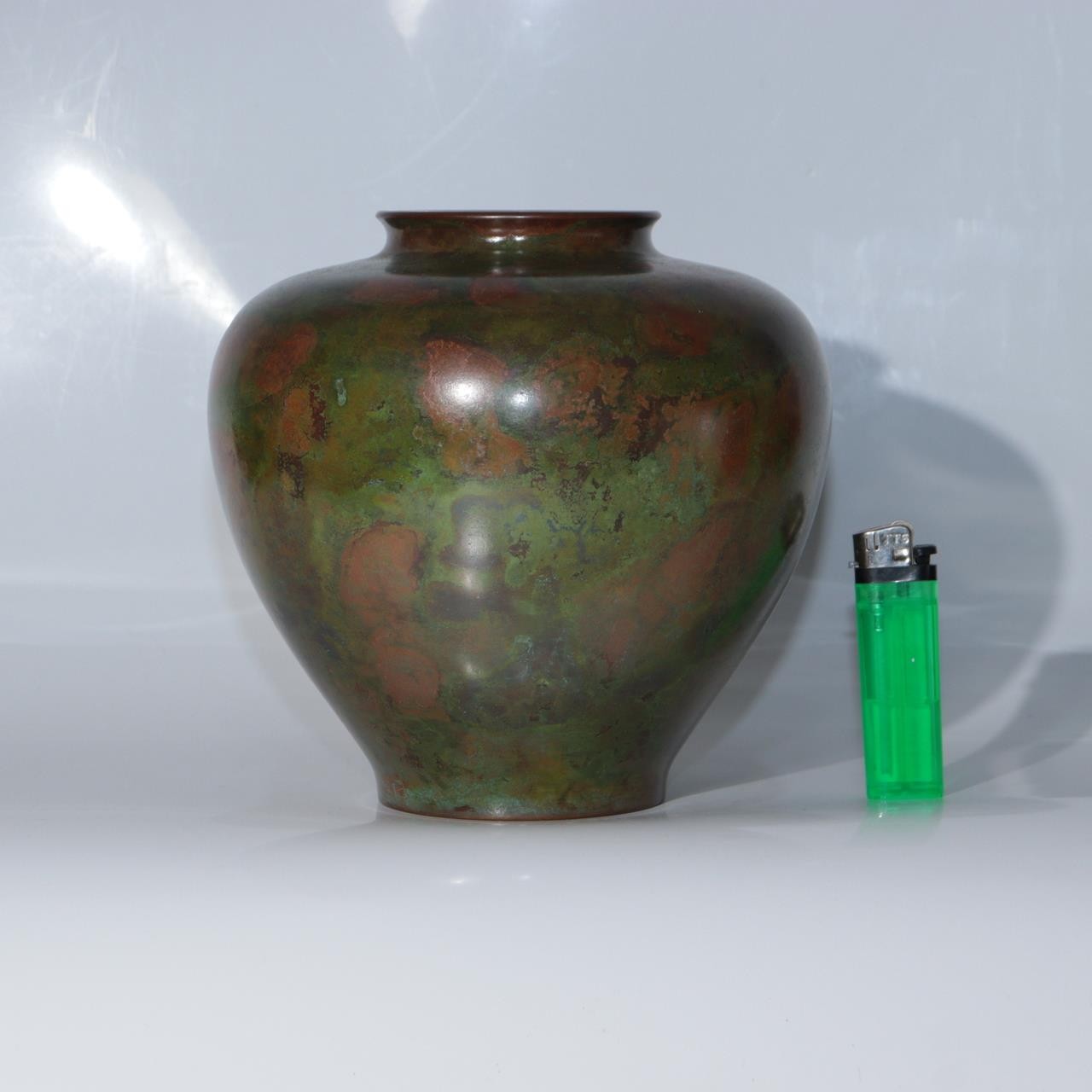 Japanese Vintage Cast Bronze Vase Signed Hosei Mottled Patina Tomobako BV7641