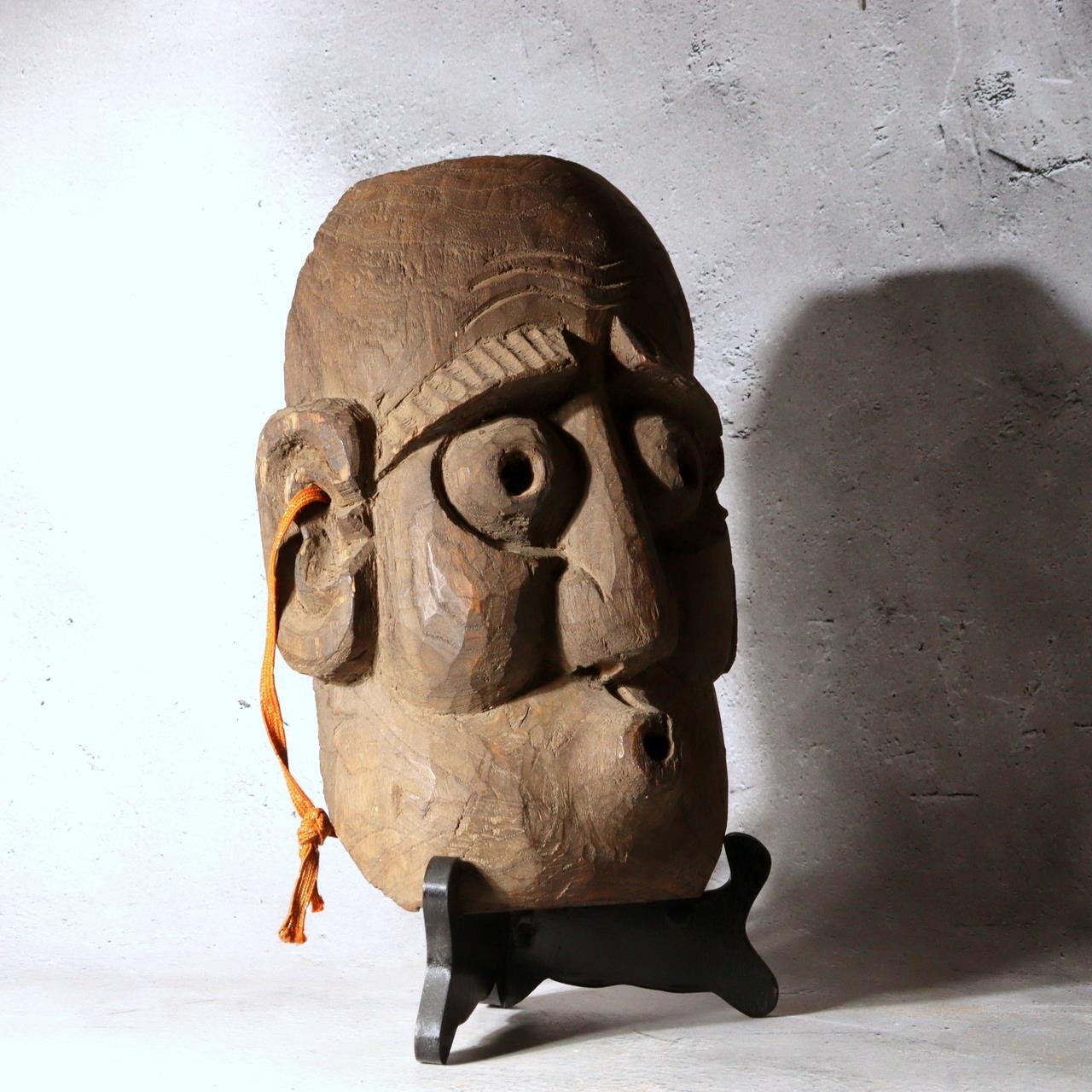 Japanese Antique Wood Carved Mask Usobuki Hyottoko Kyogen Folk Art 23cm0