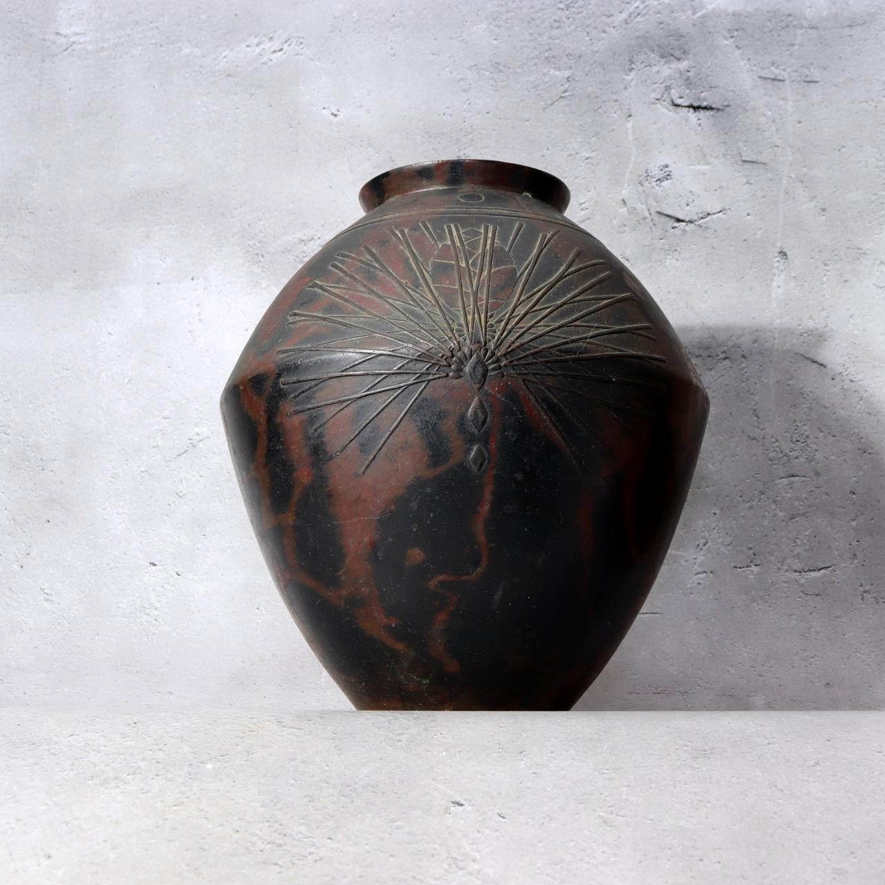 Vintage Japanese Mottled Purple Bronze Vase Signed Beisai Pine Cone Motif11