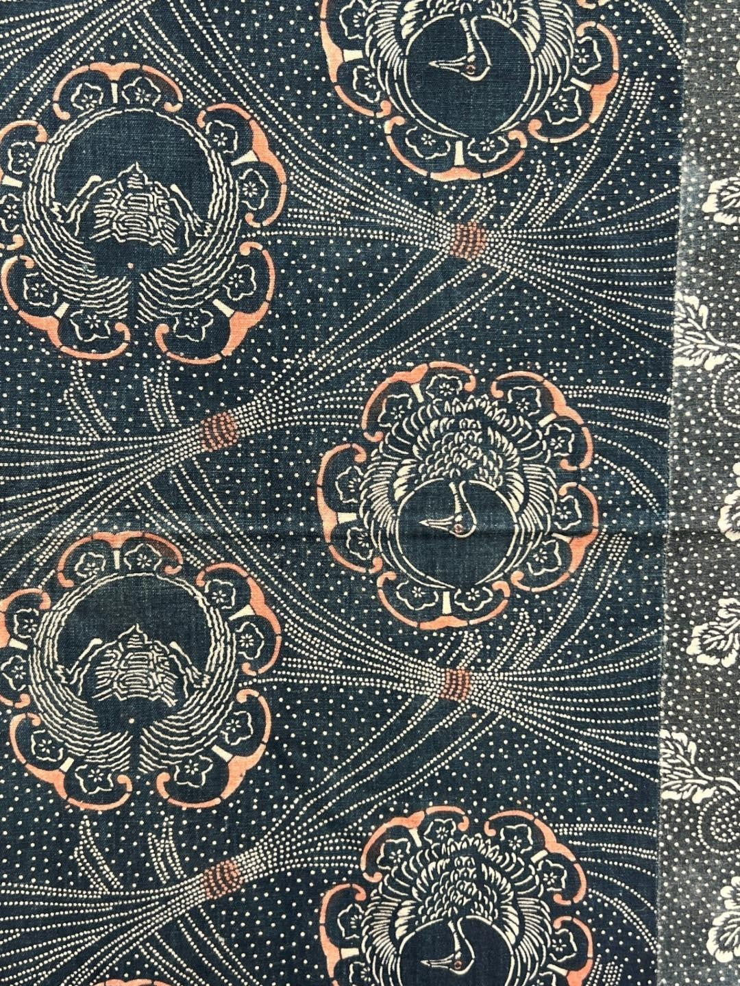 Antique Japanese Indigo Katazome Cotton Fabric Crane Turtle Chrysanthemum13