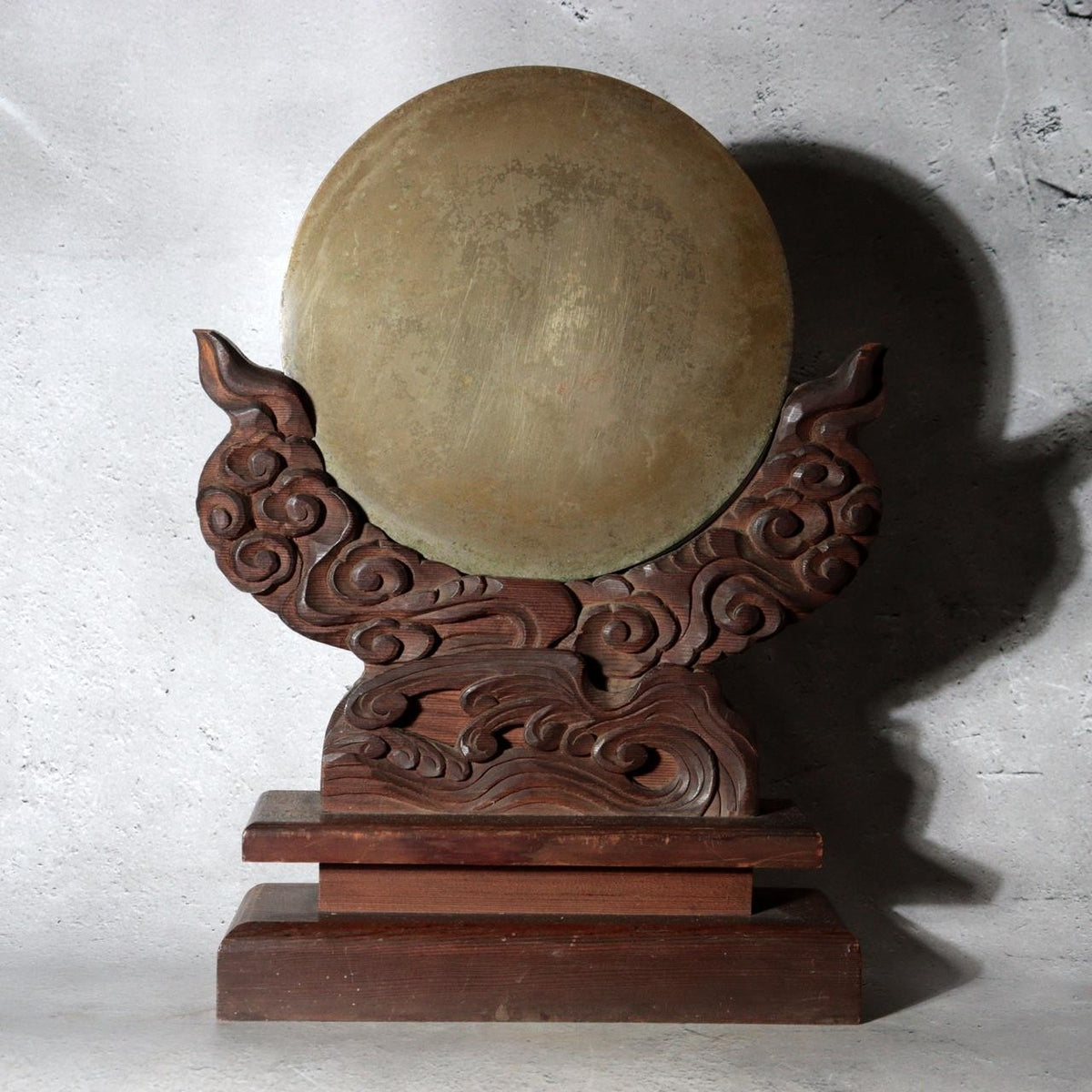 Antique Japanese Shinto Shrine Bronze Mirror Shinkyo Wooden Stand BOSa660