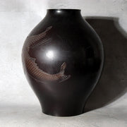 Japanese Cast Bronze Vase Twin Koi Carp Kankei Hanya Houn Engraved BV77316