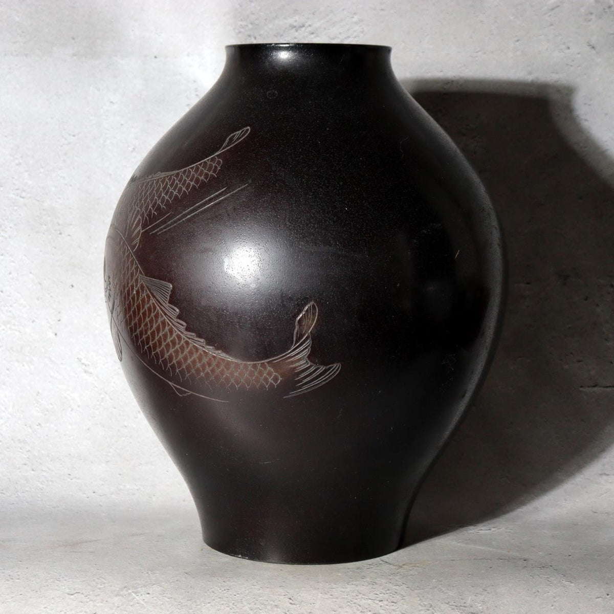 Japanese Cast Bronze Vase Twin Koi Carp Kankei Hanya Houn Engraved BV77316