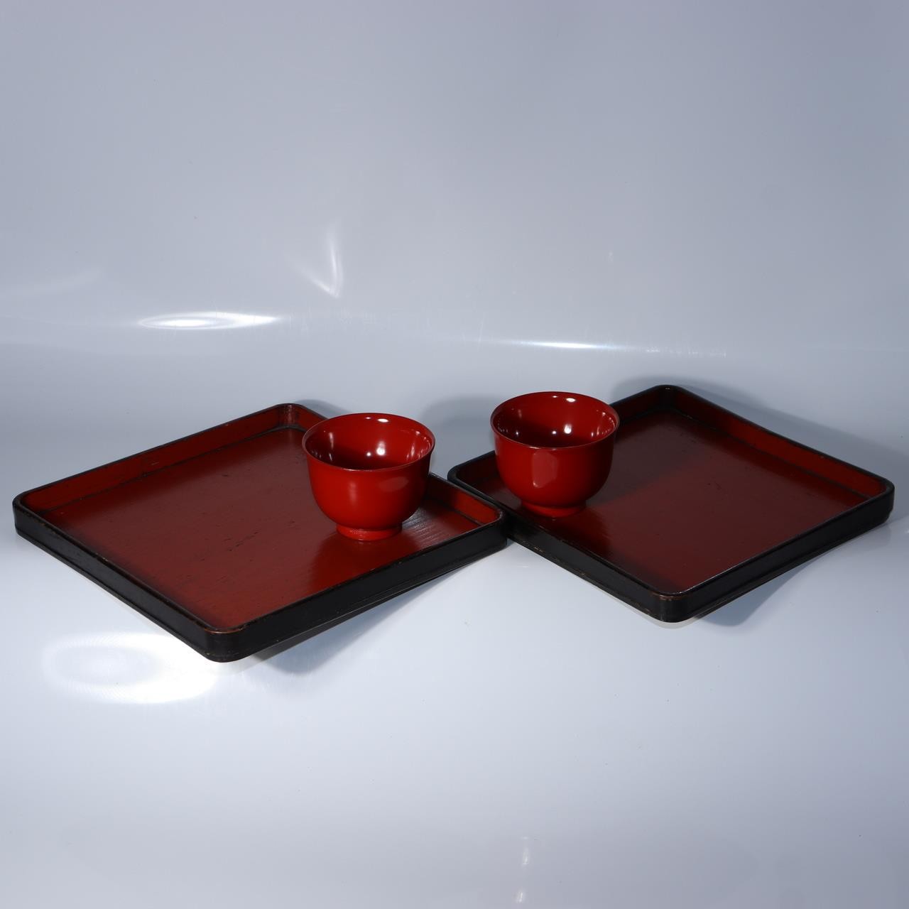 Antique Japanese Aizu Lacquer Square Wooden Serving Tray Set of 2 WO6076