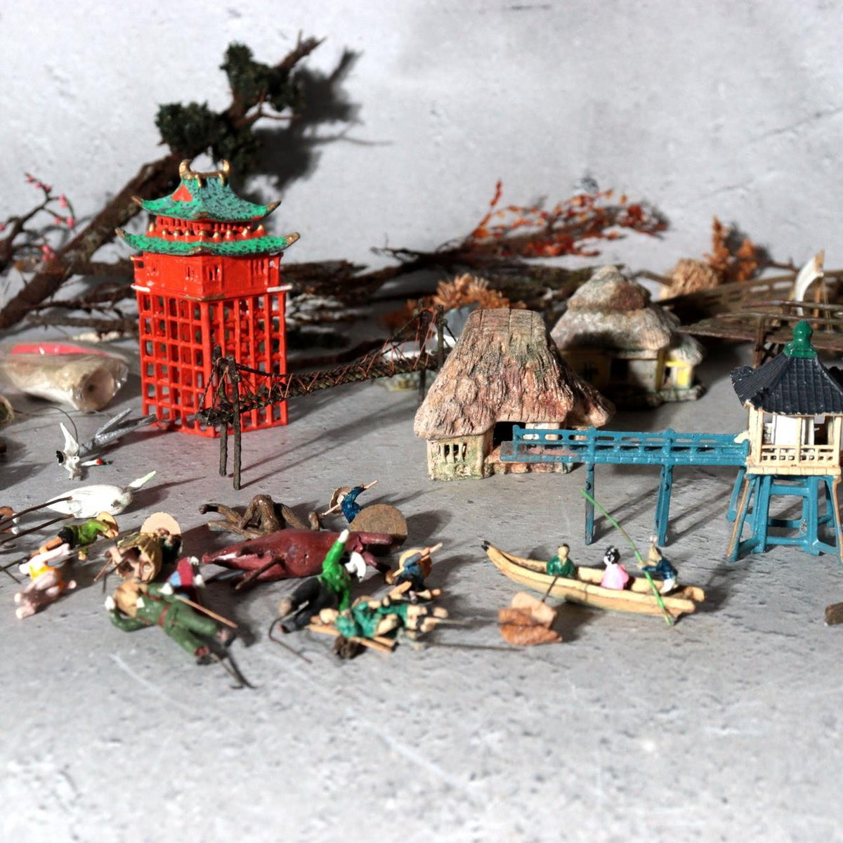 Vintage Japanese Bonkei Tenpai Miniature Figures Trees Suiseki Diorama Set BOSa68