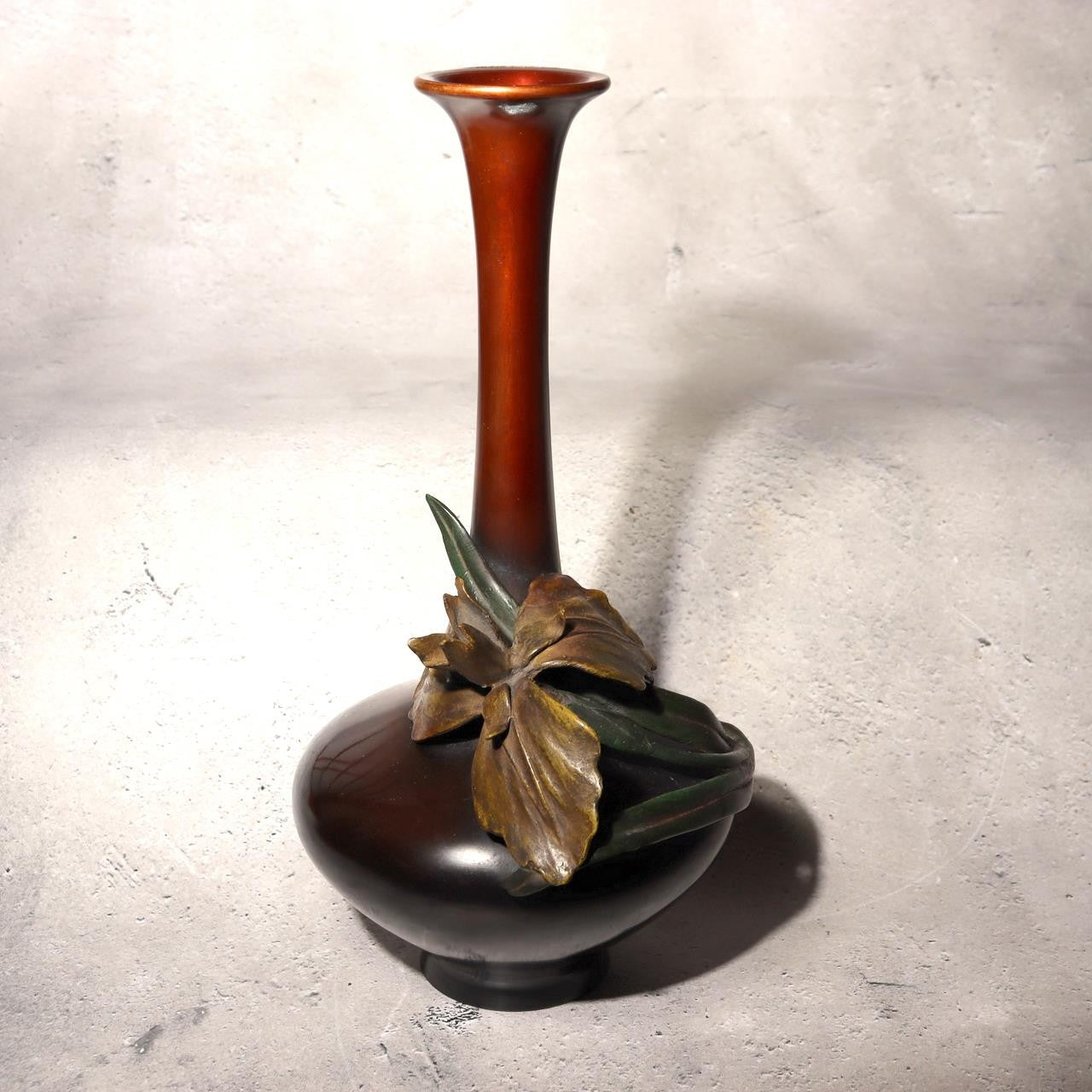 Fujii Soki Japanese Bronze Flower Vase Green Patina Pestle Shape Tomobako BV7190