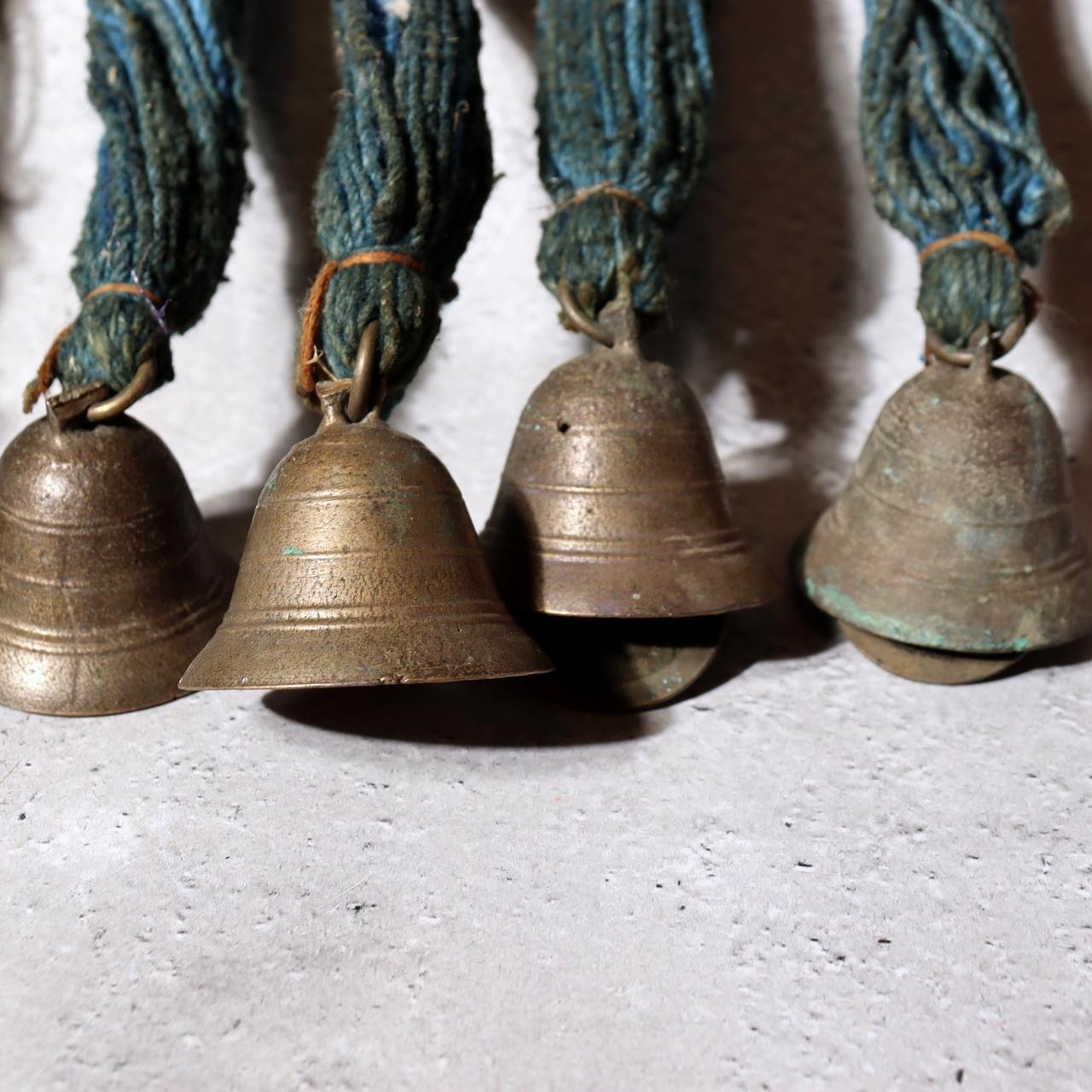 Antique Edo Period Japanese Horse Tack Ornament Brass Bells Blue Cords BOSa146