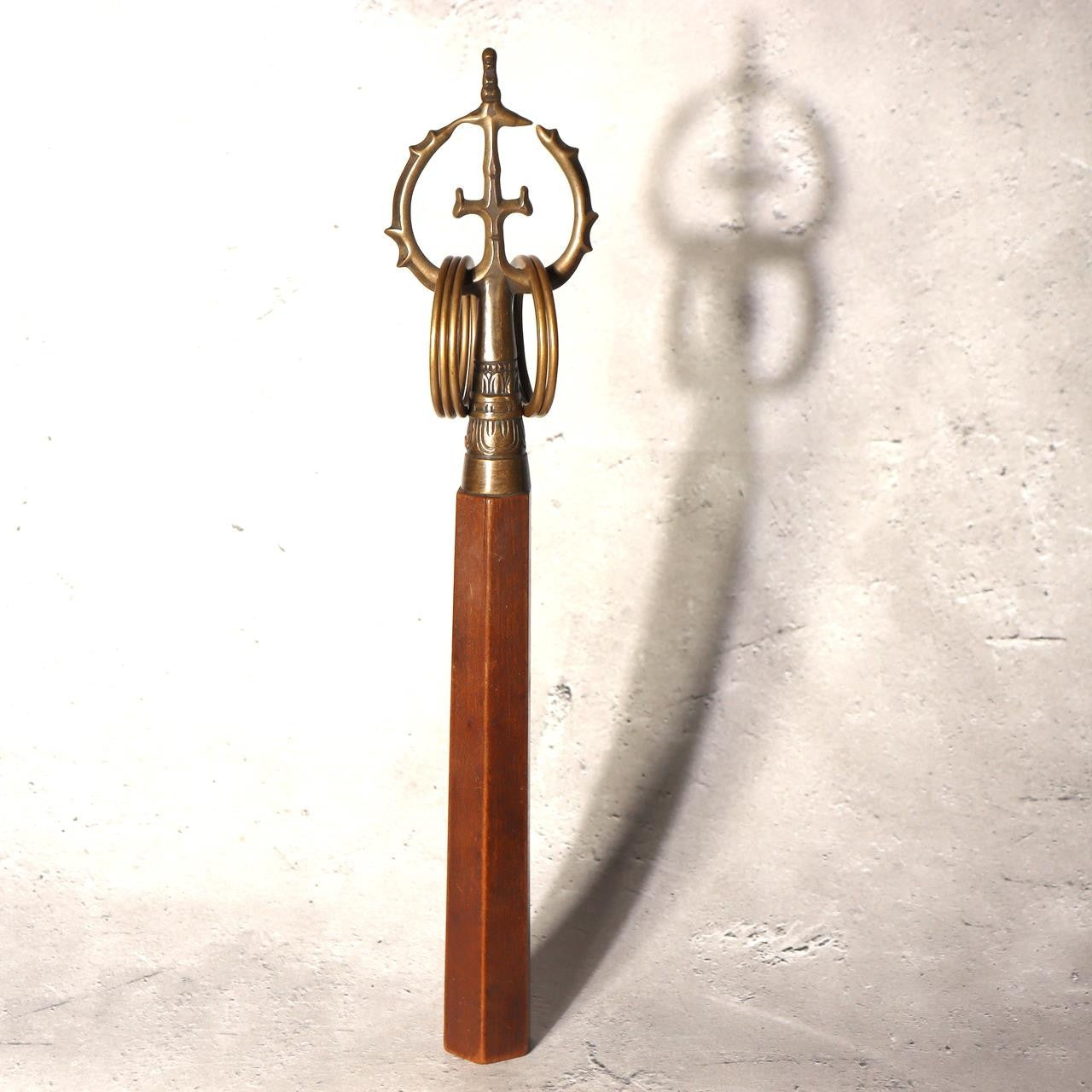 Vintage Japanese Buddhist Shakujo Handheld Monk Staff Brass Wood Ritual Tool0