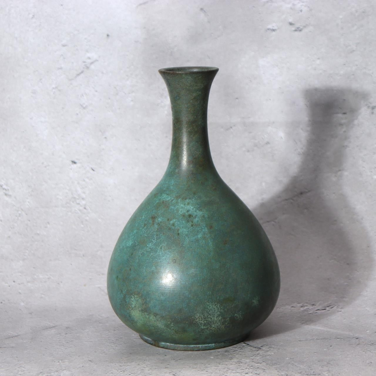 Vintage Japanese Seidou Bronze Vase - Turquoise Green Patina - Signed Tomobako0
