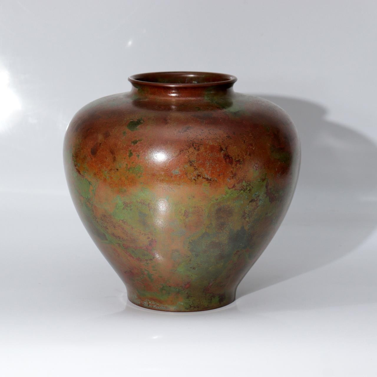 Japanese Vintage Cast Bronze Vase Signed Hosei Mottled Patina Tomobako BV7645