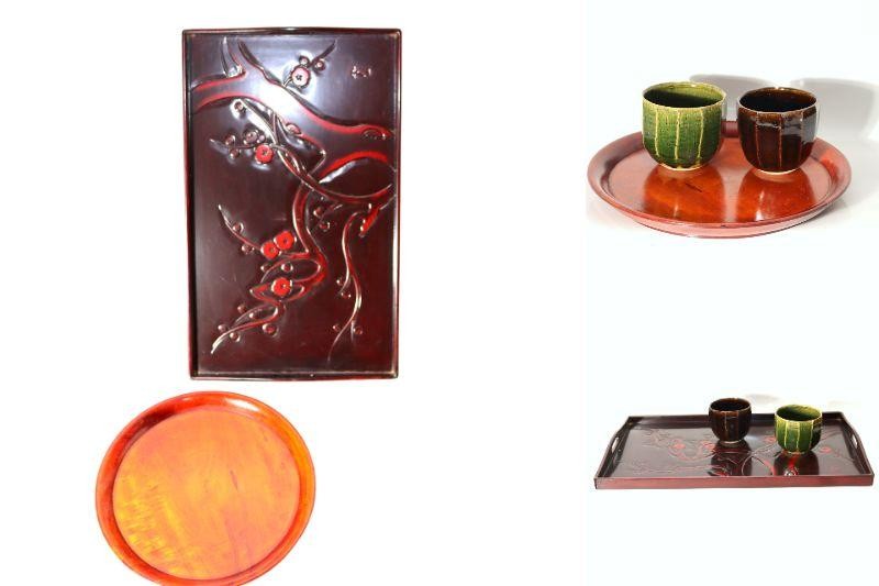 Japanese Lacquer Tray Set 2pc Tsuishu Carved Plum Rectangular Round WO5490