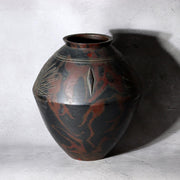 Vintage Japanese Mottled Purple Bronze Vase Signed Beisai Pine Cone Motif1
