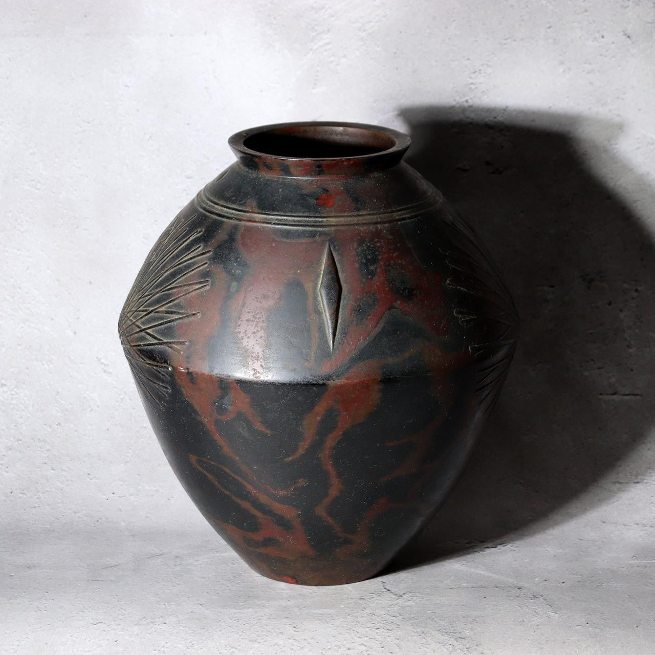 Vintage Japanese Mottled Purple Bronze Vase Signed Beisai Pine Cone Motif1