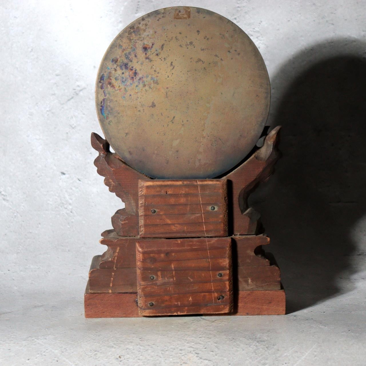 Japanese Antique Shinto Shinkyo Sacred Mirror Wooden Stand Bronze Alloy BOSa671