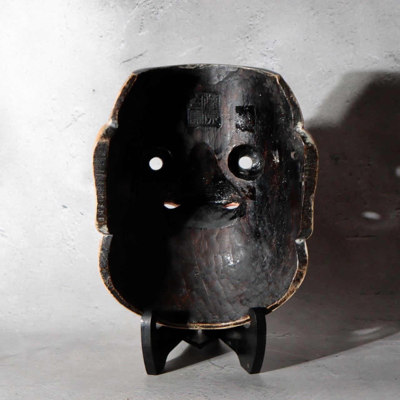 Japanese Carved Wooden Noh Mask Omi Male Demon with Bag MSK5463
