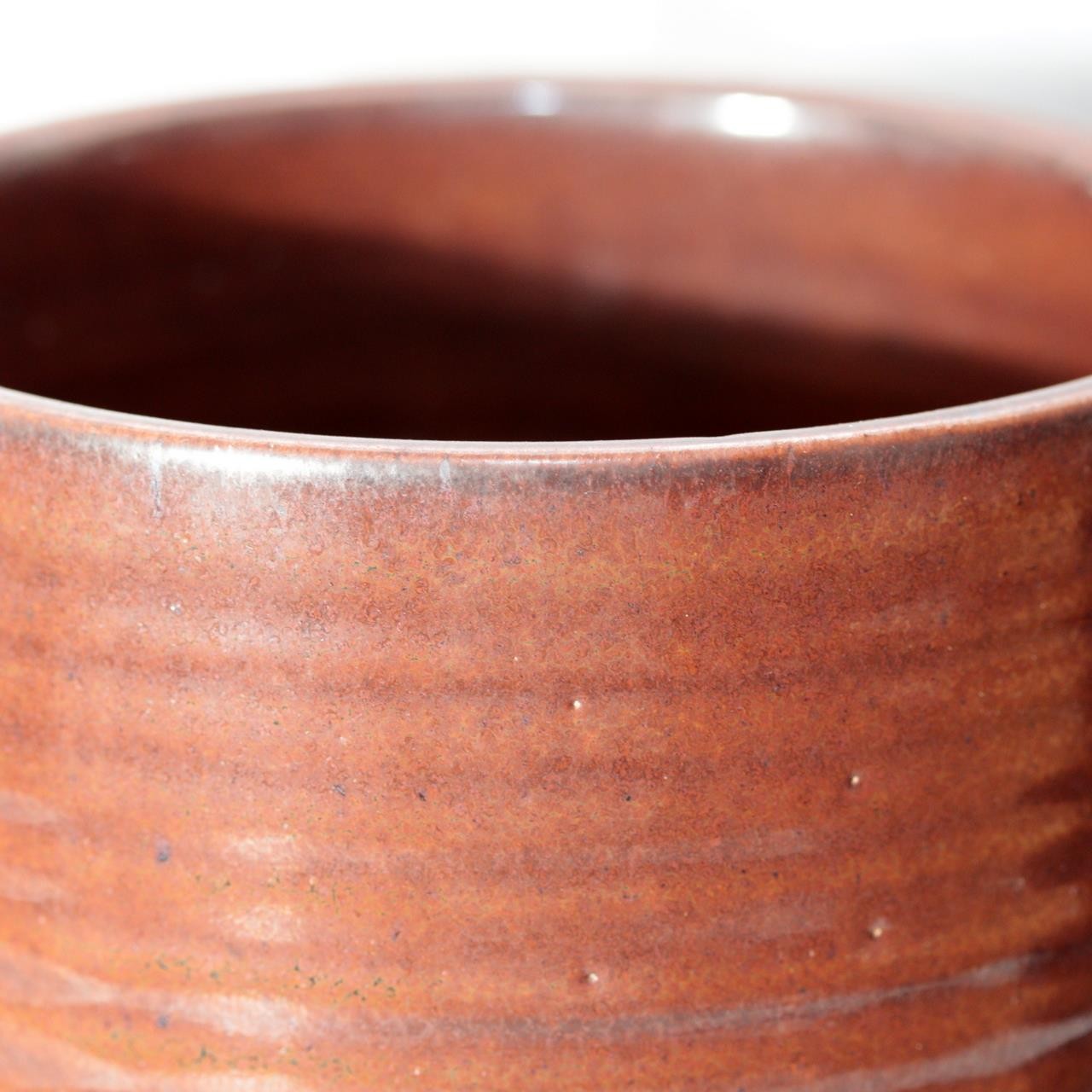 Japanese Seto Ware Ceramic Mizusashi Water Jar Brown Ribbed Texture Tomobako10