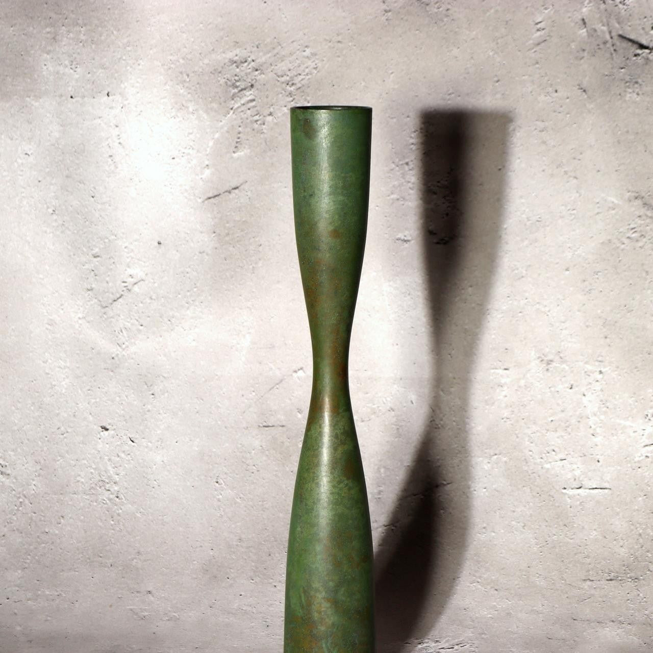 Fujii Soki Japanese Bronze Flower Vase Green Patina Pestle Shape Tomobako BV7193