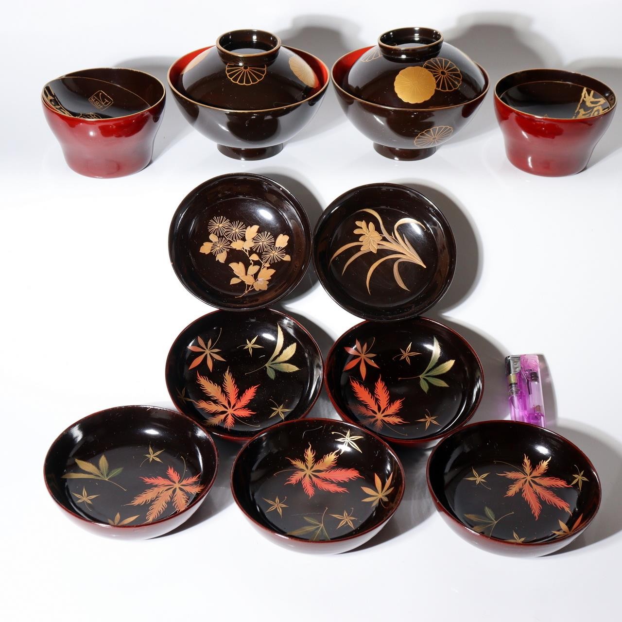 11-Piece Japanese Antique Urushi Lacquerware Set Gold Maki-e Chrysanthemum etc0