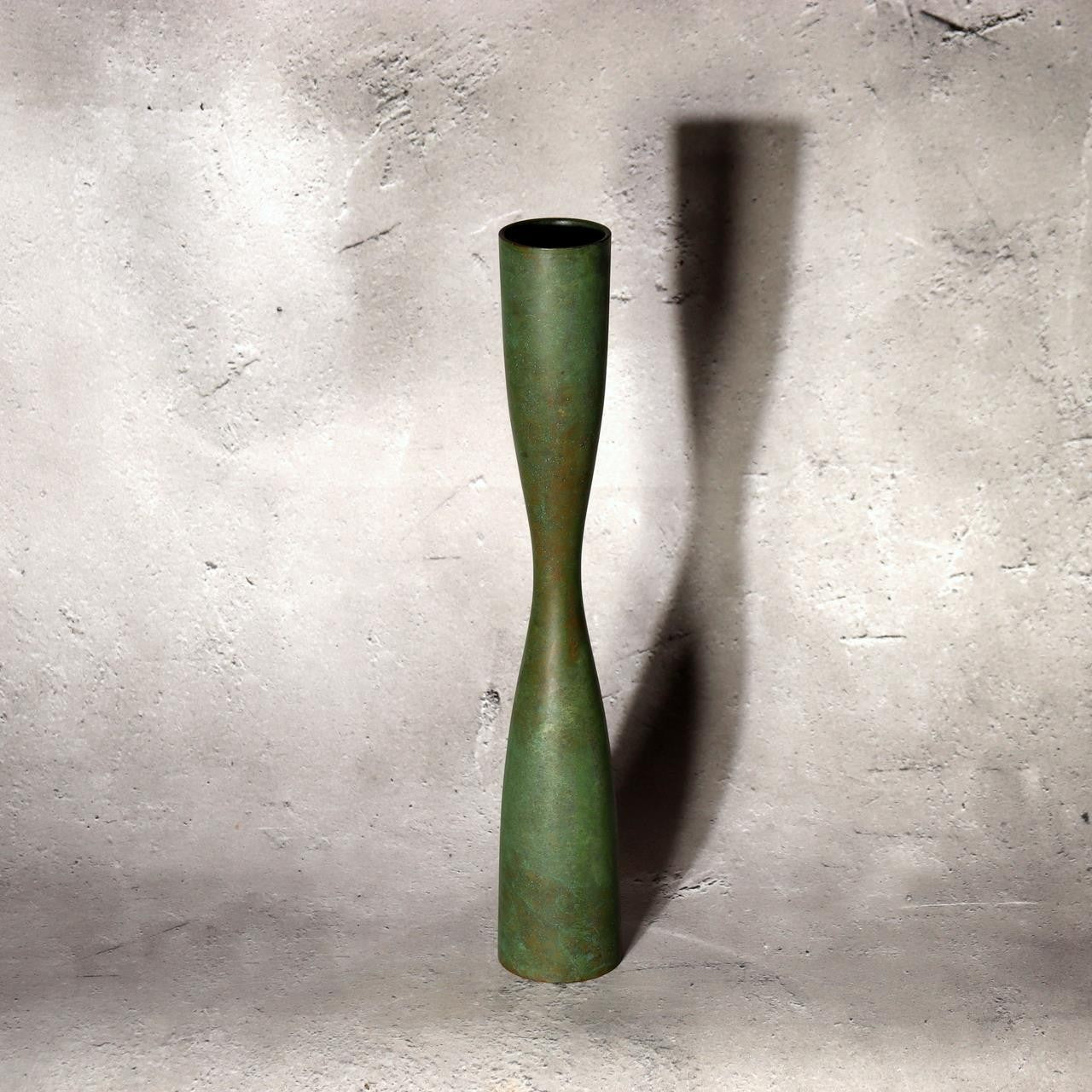 Fujii Soki Japanese Bronze Flower Vase Green Patina Pestle Shape Tomobako BV7194