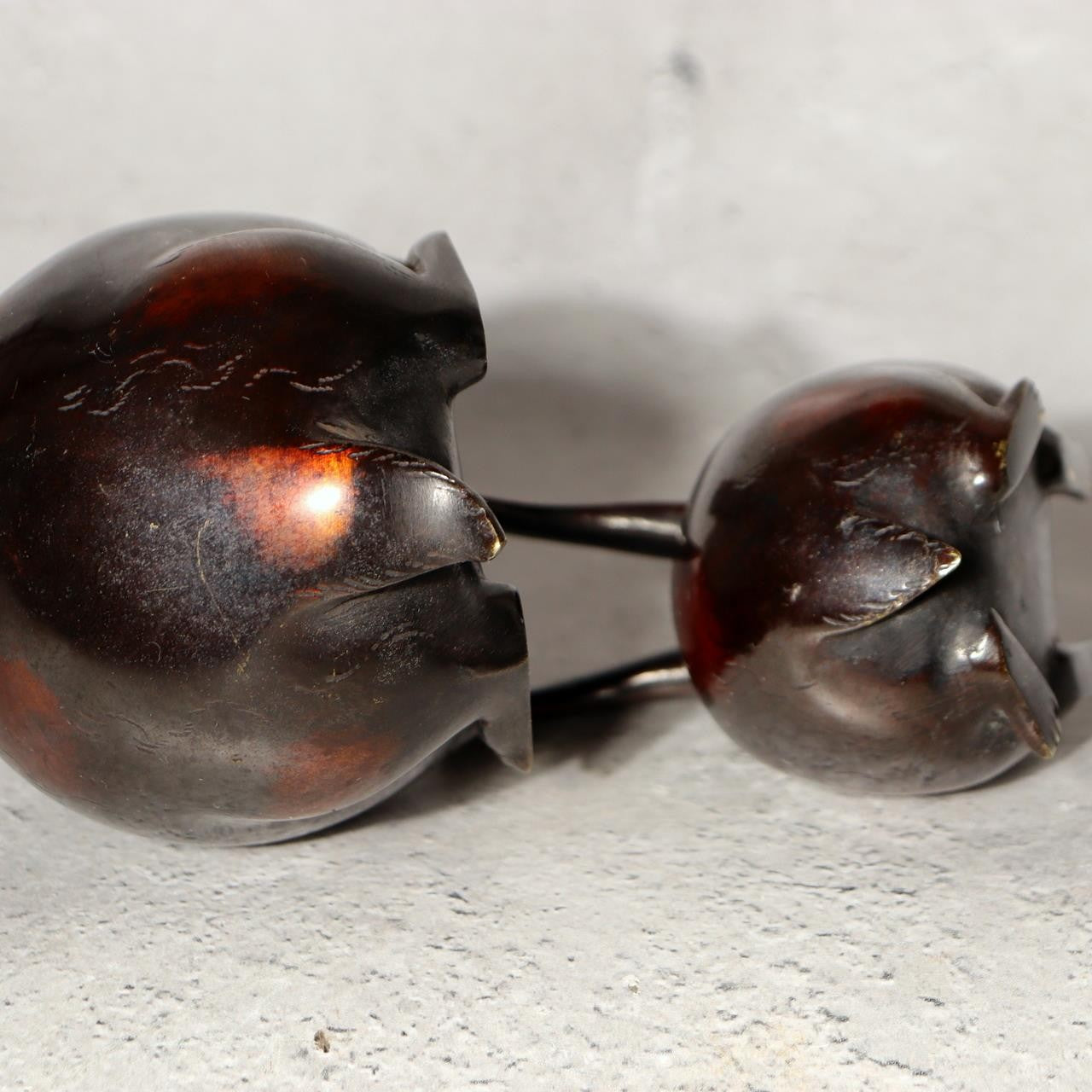 Japanese Bronze Rabbit Pair Okimono Statue Figurine Mottled Red Patina Zen5