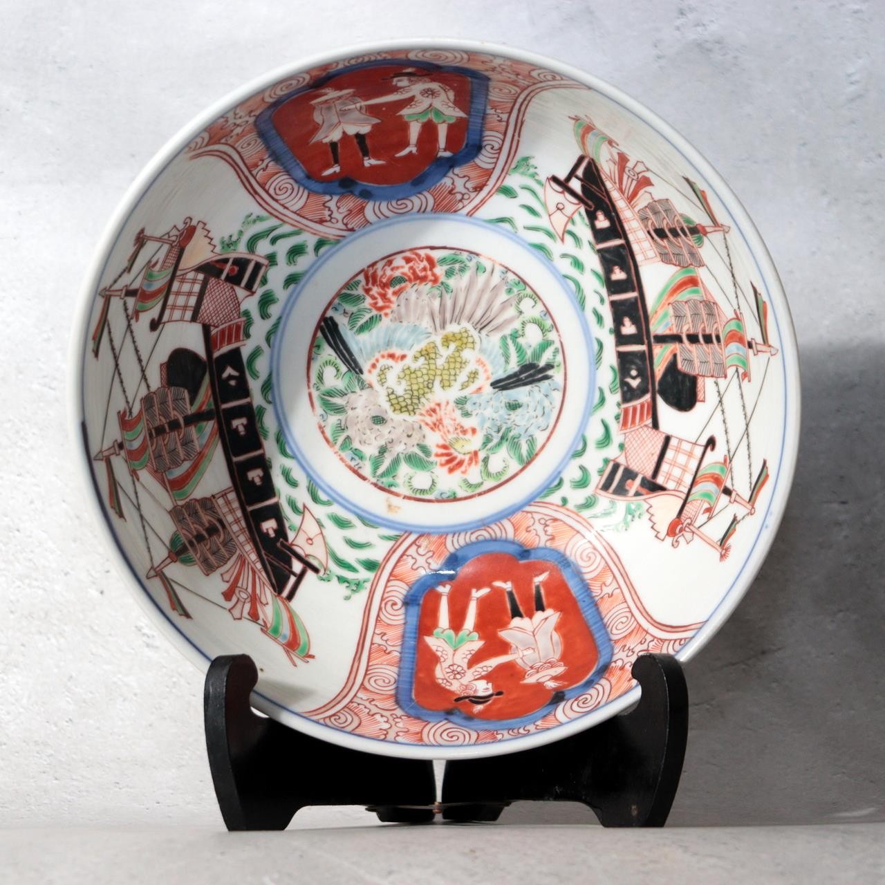 Late Edo Imari Iroe Porcelain Bowl Plate Nanbanjin Foreigners Ships PV3168