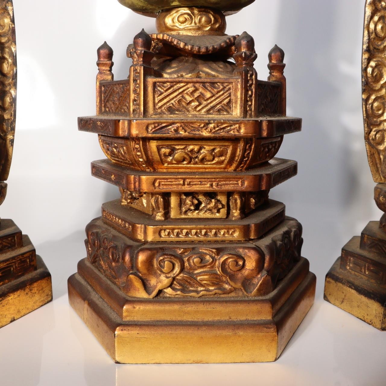 Japanese Vintage Amida Sanzon Buddhist Statue Set 3pc Gilt Wood 28.6cm Zen BT24414