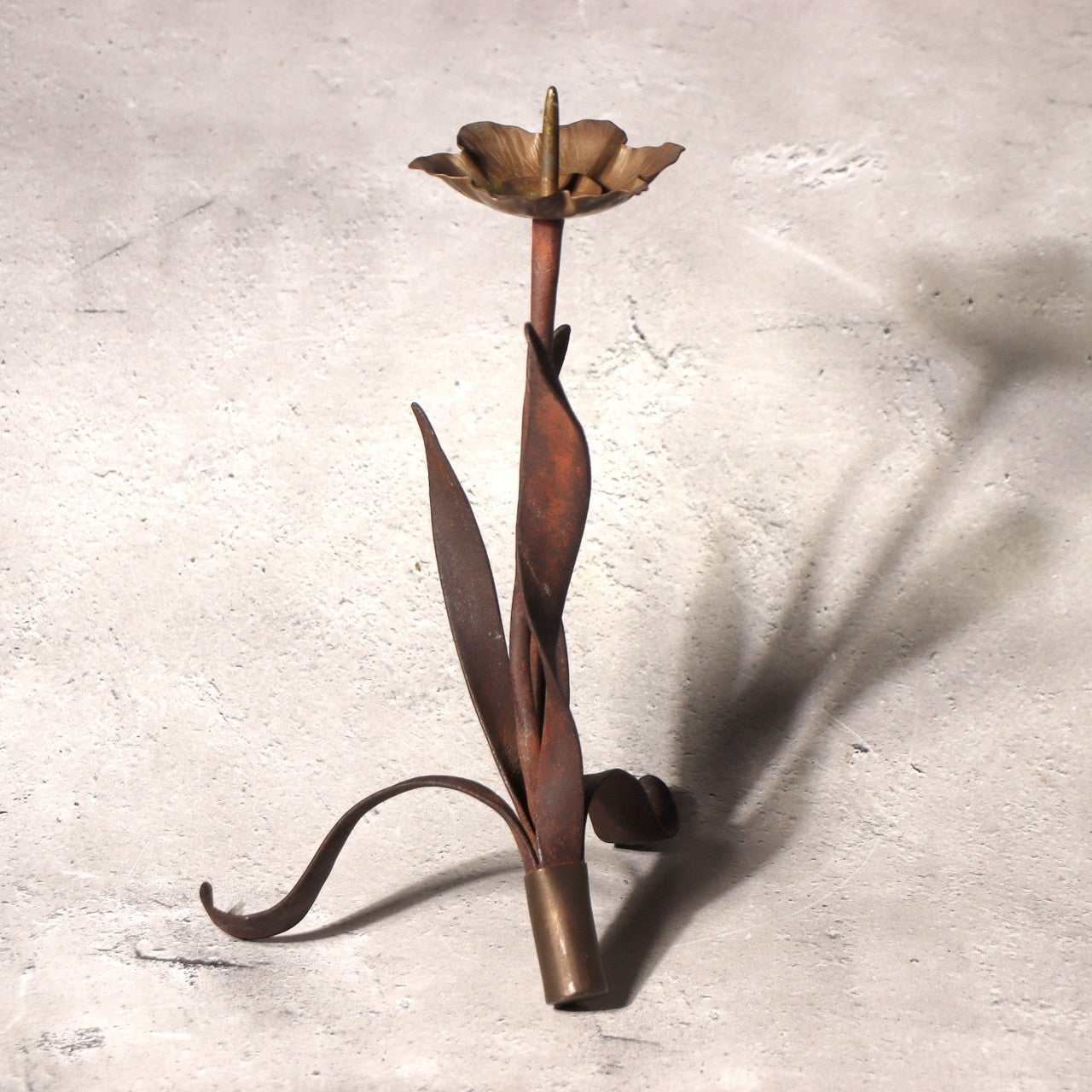 Japanese Antique Candle Stand Teshoku Iron Copper Narcissus Flower Rustic BV7179