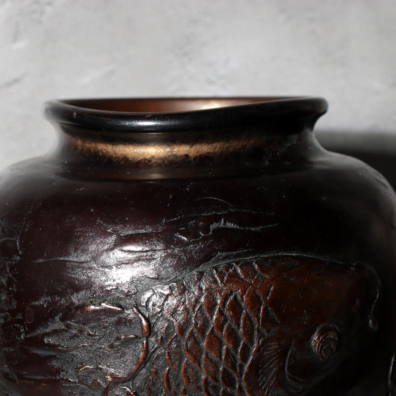 Antique Japanese Takaoka Bronze Vase Hozan Twin Koi Lotus Pond BV774-212