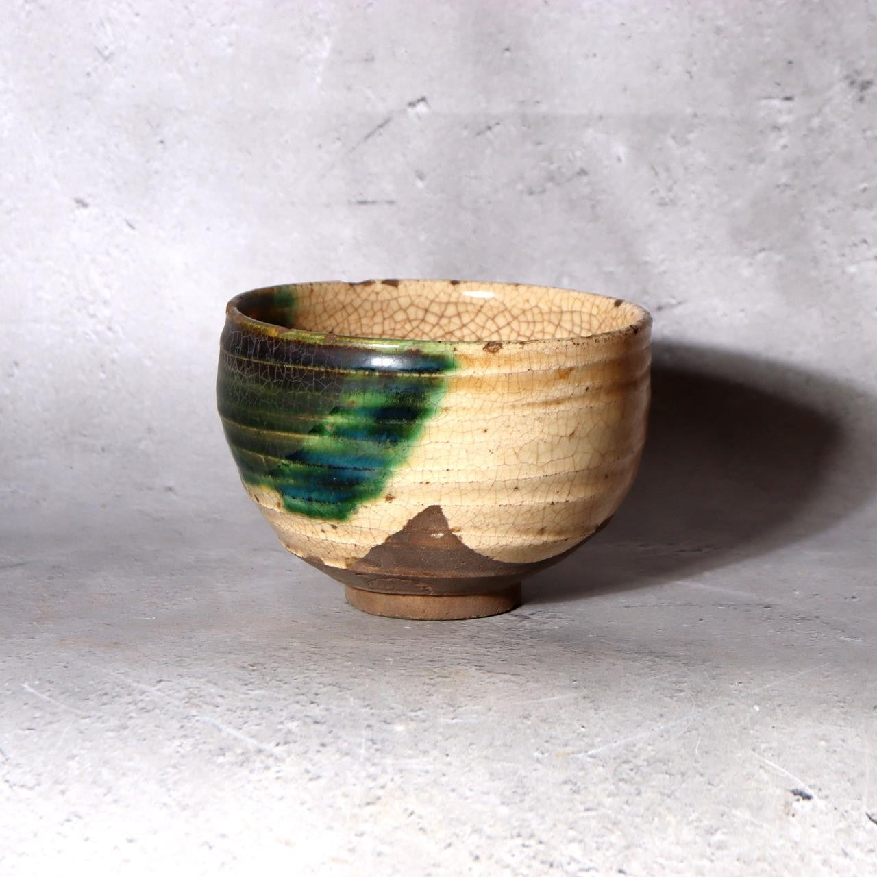 Japanese Seto-Oribe Matcha Tea Bowl Emerald Green Crackle Glaze Chawan Sidned1