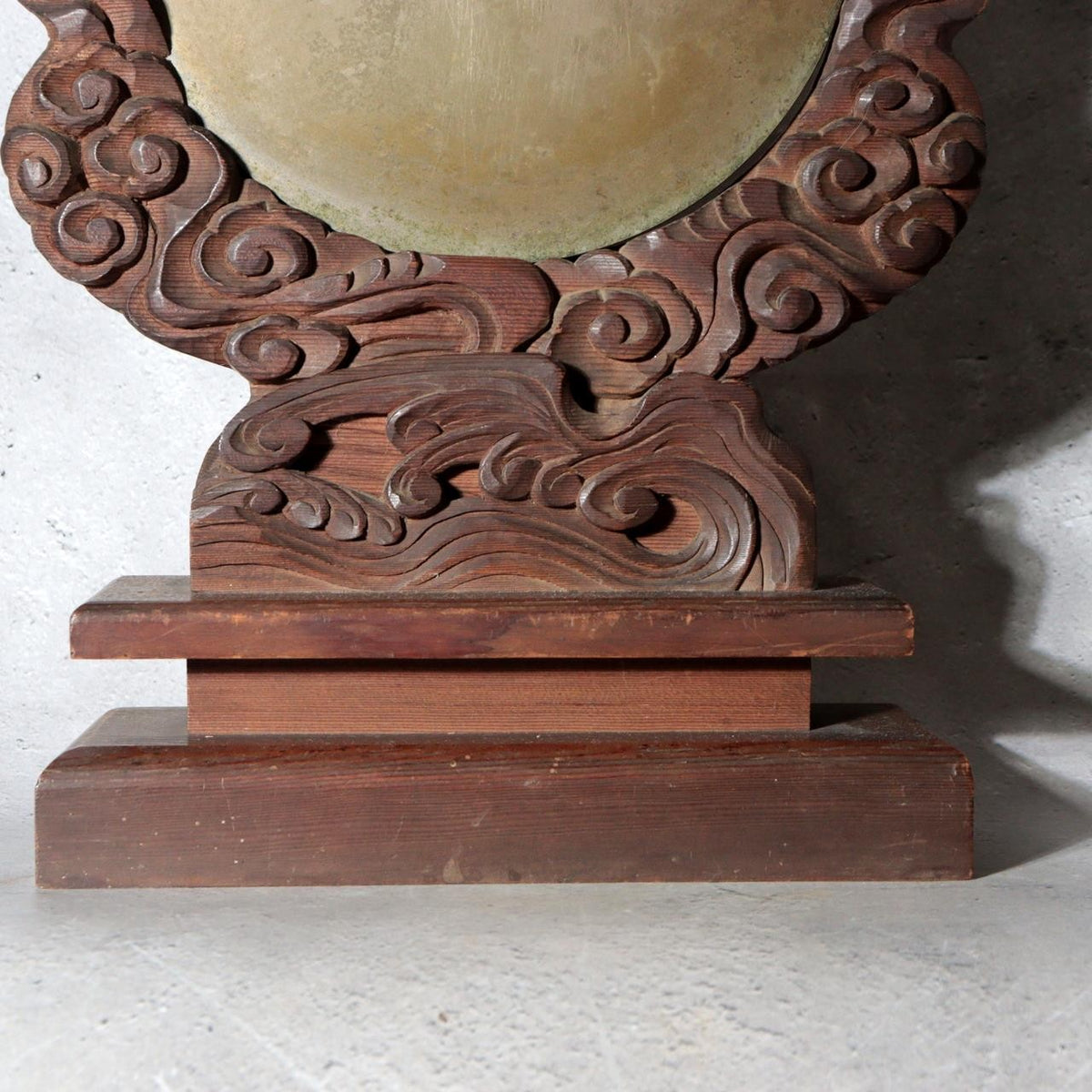 Antique Japanese Shinto Shrine Bronze Mirror Shinkyo Wooden Stand BOSa663