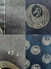 Meiji Period Japanese Indigo Katazome Cotton Fabric Crane Turtle BRKW17818