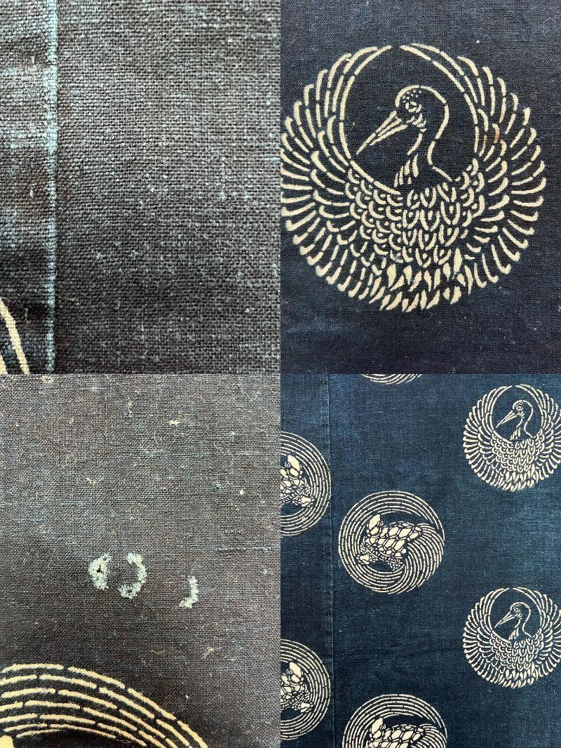Meiji Period Japanese Indigo Katazome Cotton Fabric Crane Turtle BRKW17818