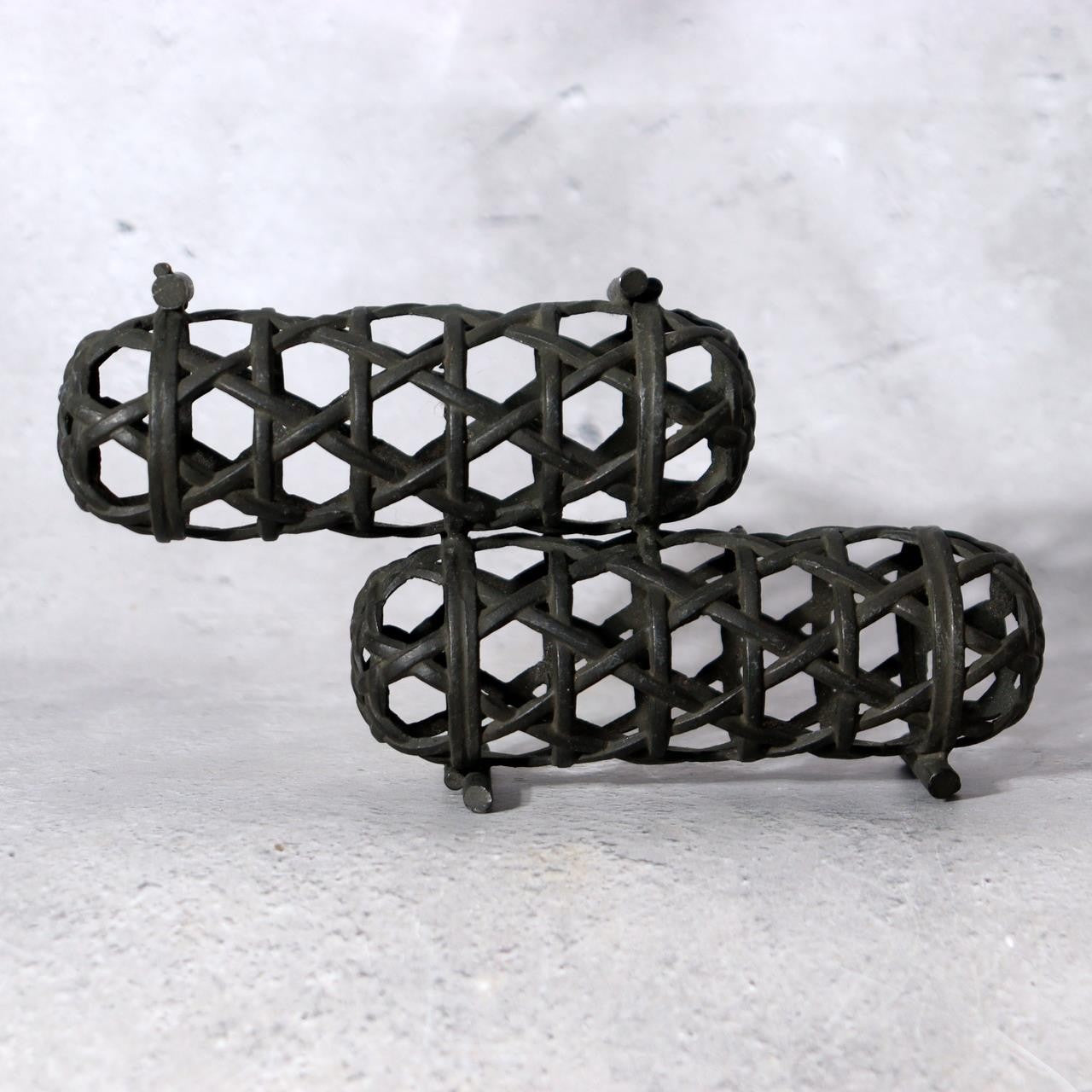 Japanese Bronze Jakago River Basket Flower Holder - Ikebana Suiban Tenpai9