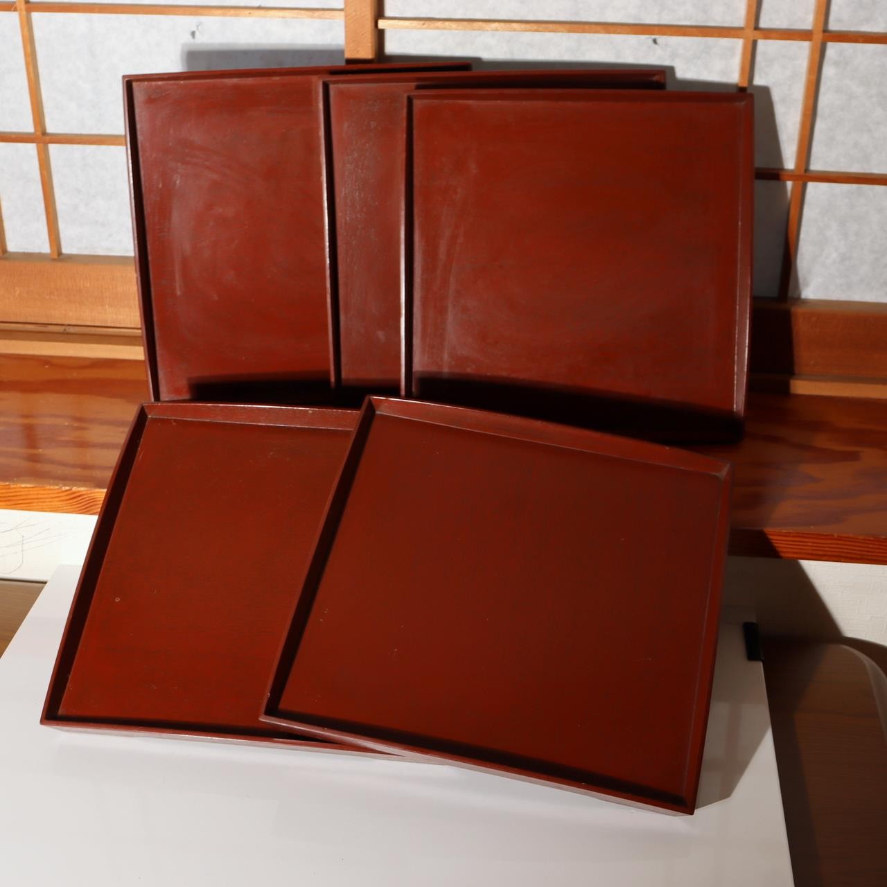 Japanese Vintage Lacquer Tray Obon Square Set of 5 Simple Wood Grain Reddish Bro4