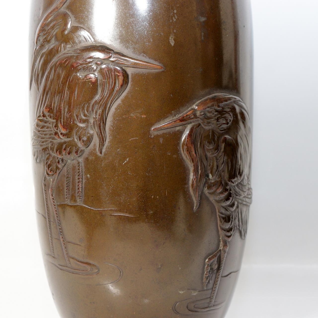 Antique Japanese Bronze Vase with Three Herons – Dated Wooden Box, 193113