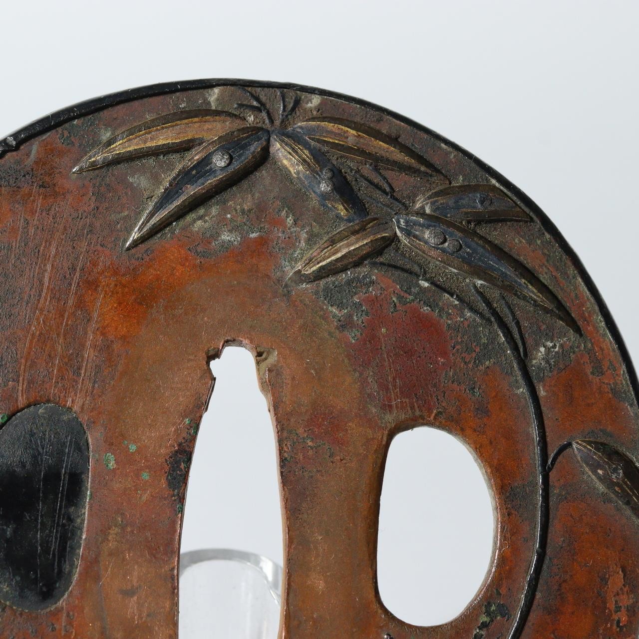 Antique Japanese Copper Gilt Bamboo Motif Tsuba Sword Guard Fukurin Rim STO904