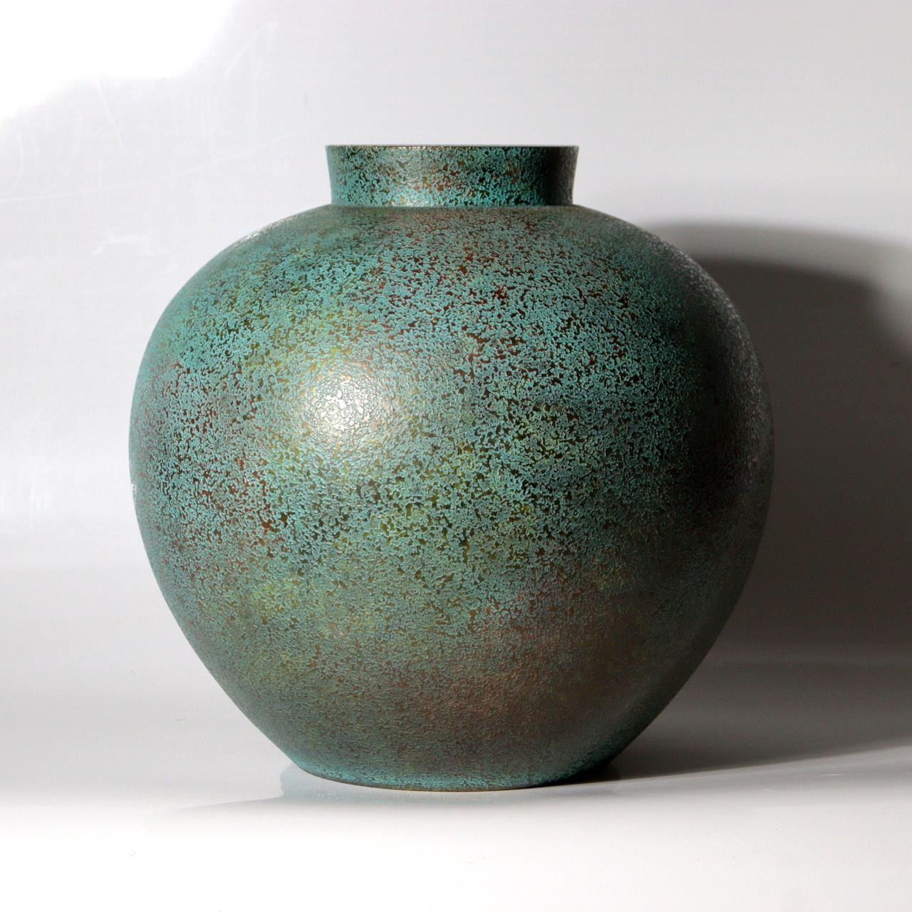 Vintage Japanese Cast Bronze Vase Blue Gold Mottled Patina Tomobako BV7846