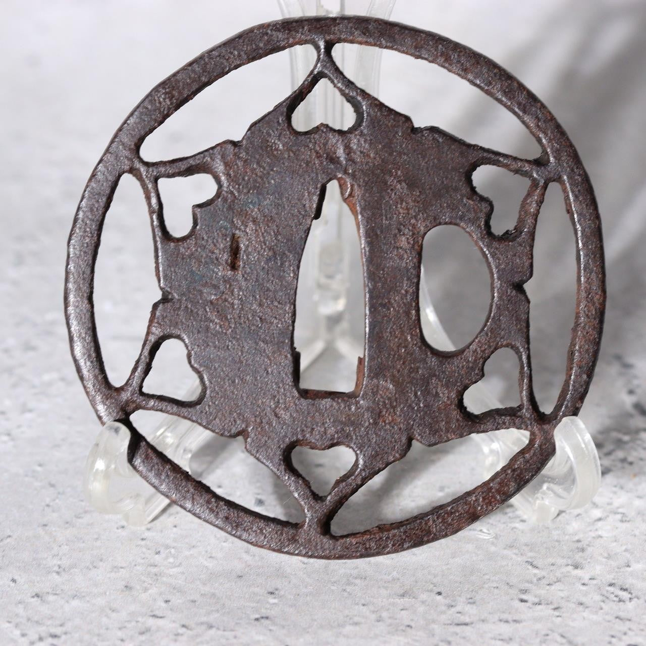 Antique Sukashi Tsuba: Iron Body Boar's Eye Heart Motifs Muromachi Edo Period1
