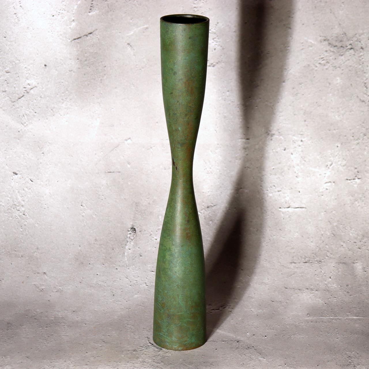 Fujii Soki Japanese Bronze Flower Vase Green Patina Pestle Shape Tomobako BV7192