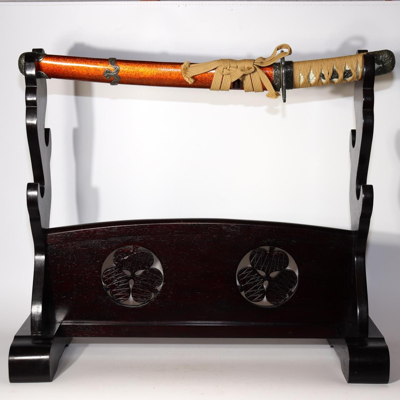 Vintage Japanese Wooden Sword Stand Rack 3 Swords Mitsuba Aoi Kamon SWR3551