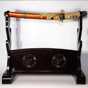 Vintage Japanese Wooden Sword Stand Rack 3 Swords Mitsuba Aoi Kamon SWR3551